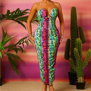 SHEIN SXY Snakeskin Print Ruched Tube Bodycon Dress
